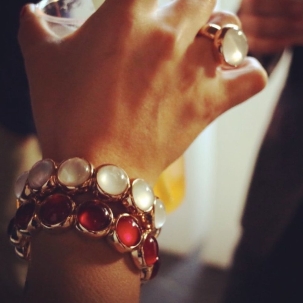 Stretchable ROBERTO DEMEGLIO bracelet with red crystals gold 18K ITALY *NEW*